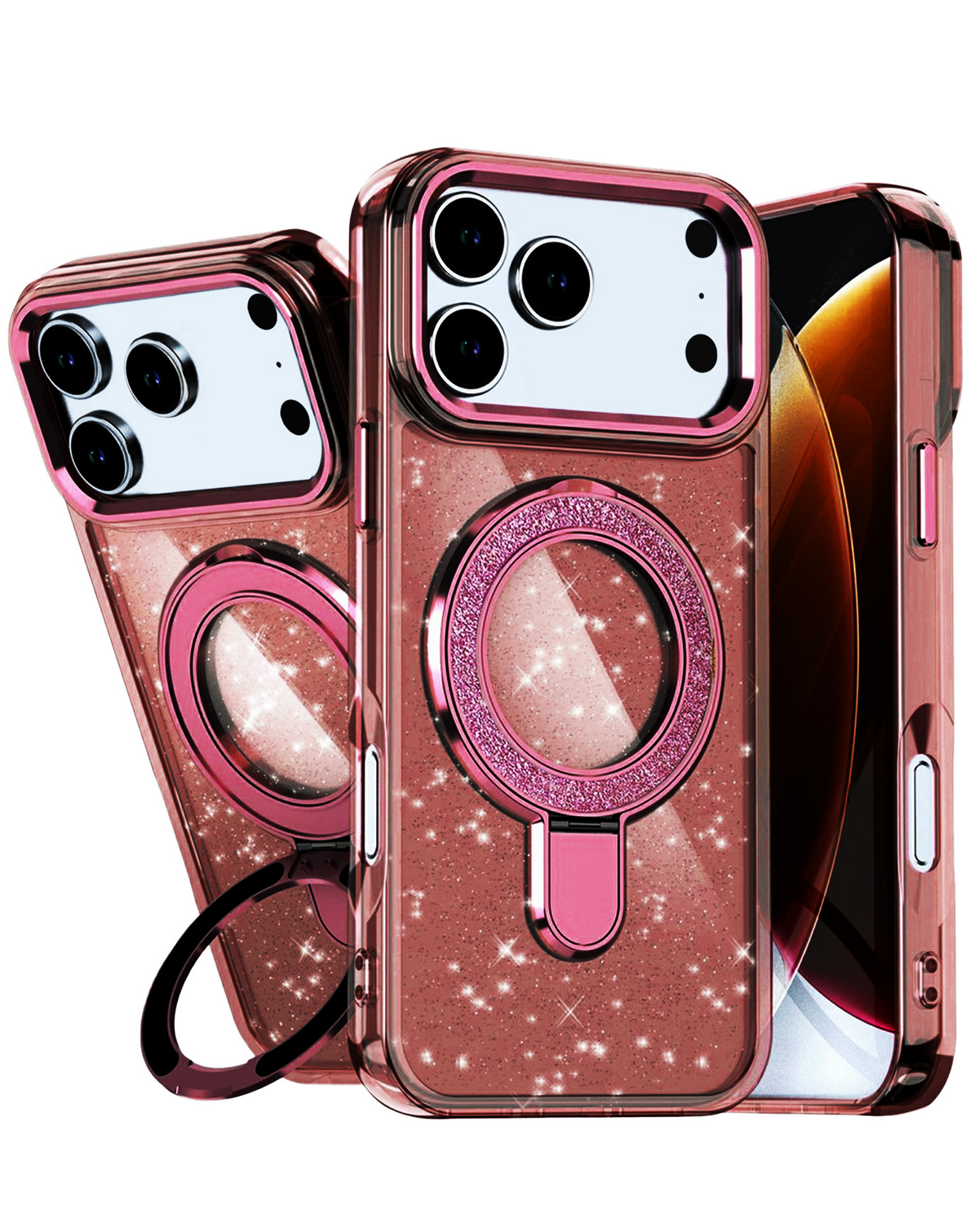 Glitter Ring Stand Protective Case for iPhone 17 Pro / 18 Pro (Cherry Red)