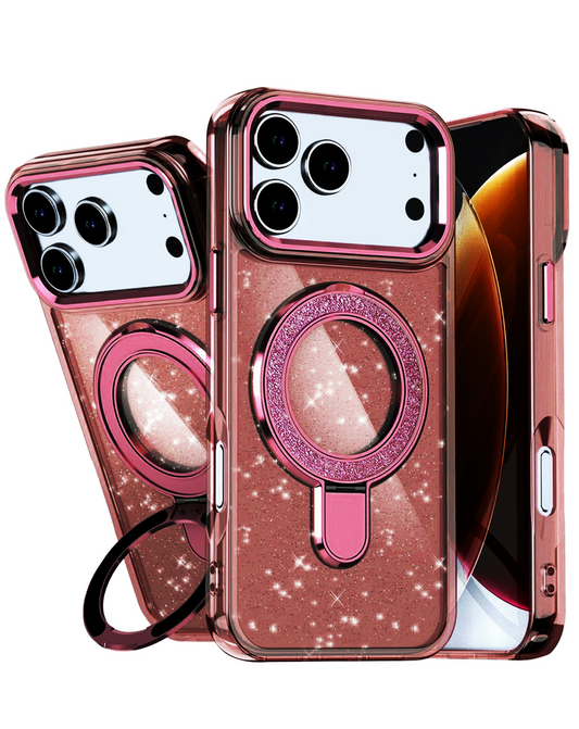 Glitter Ring Stand Protective Case for iPhone 17 Pro / 18 Pro (Cherry Red)