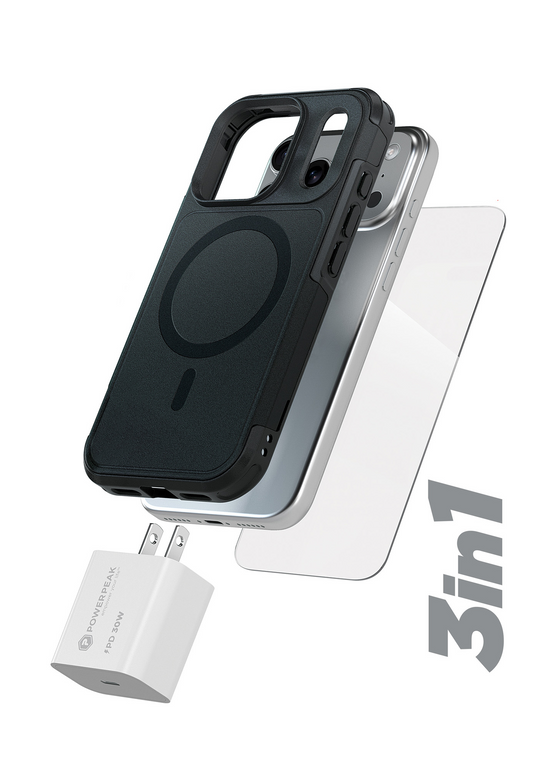 xBase by PowerPeak ProTech 3-in-1 Protection & Power Kit (Black) for iPhone 17 Pro / 18 Pro - Case + Tempered Glass + 30W USB-C Power Adapter