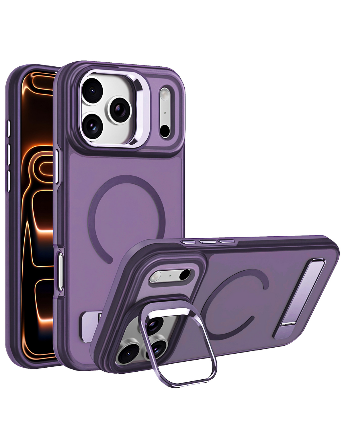 Matte Transparent Camera Stand & Kickstand with Wireless Charging Case for iPhone 17 Pro / 18 Pro (Purple)