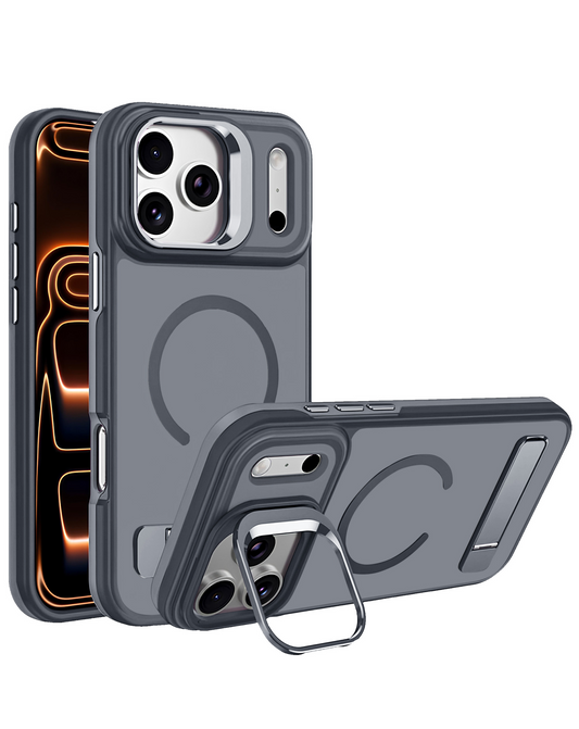 Matte Transparent Camera Stand & Kickstand with Wireless Charging Case for iPhone 17 Pro / 18 Pro (Gray)