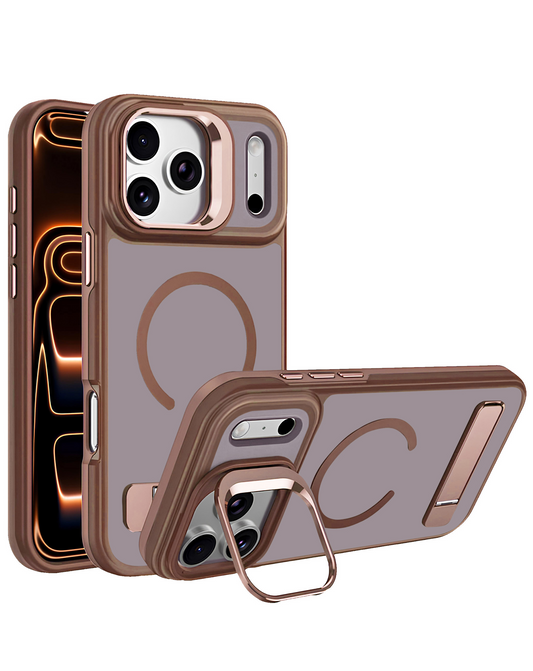 Matte Transparent Camera Stand & Kickstand with Wireless Charging Case for iPhone 17 Pro / 18 Pro (Brown)