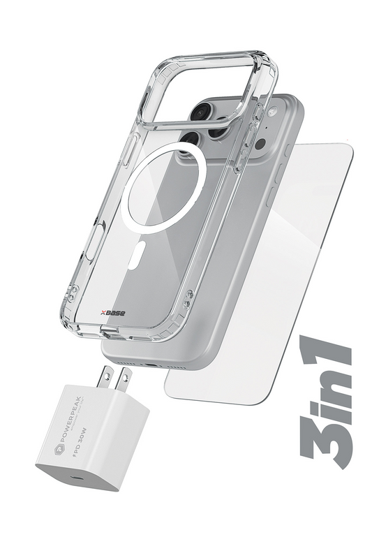 xBase by PowerPeak ProTech 3-in-1 Protection & Power Kit (Clear) for iPhone 17 Pro / 18 Pro - Case + Tempered Glass + 30W USB-C Power Adapter