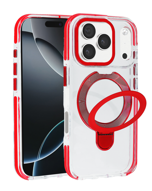 Transparent Wireless Charging Kickstand Case (RED) for iPhone 17 Pro / 18 Pro