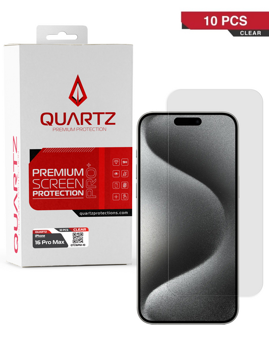 QUARTZ Clear Tempered Glass for iPhone 16 Pro Max / 17 Pro Max / 18 Pro Max (Pack of 10)
