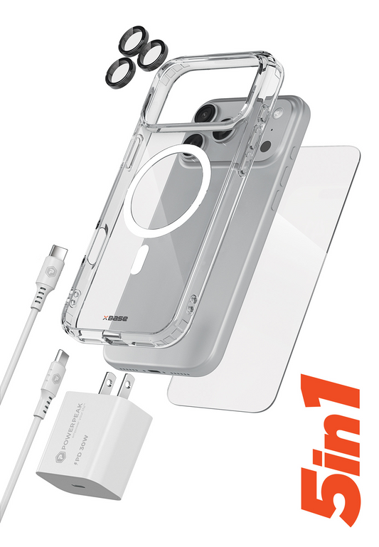xBase by PowerPeak ProTech 5-in-1 Protection & Power Kit (Clear) for iPhone 17 Pro Max / 18 Pro Max - Case + Tempered Glass + 30W USB-C Power Adapter + USB C-C Cable + Lens Protector