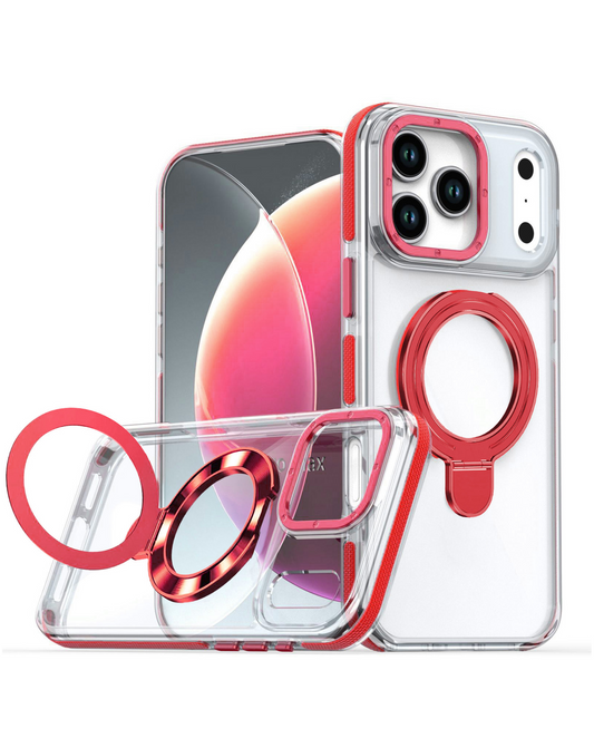 Transparent Wireless Charging Kickstand Case (RED) for iPhone 17 Pro Max / 18 Pro Max