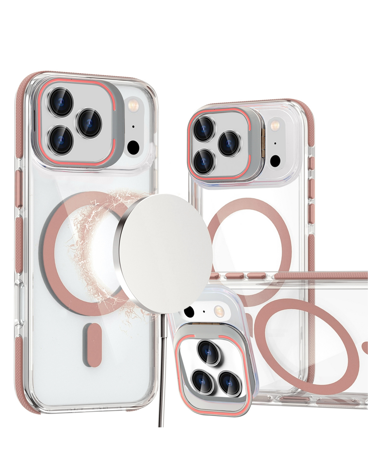 Thin Magnetic Clear Case with Camera Stand Kickstand (Pink) for iPhone 17 Pro Max / 18 Pro Max