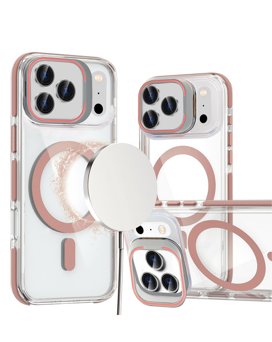 Thin Magnetic Clear Case with Camera Stand Kickstand (Pink) for iPhone 17 Pro Max / 18 Pro Max