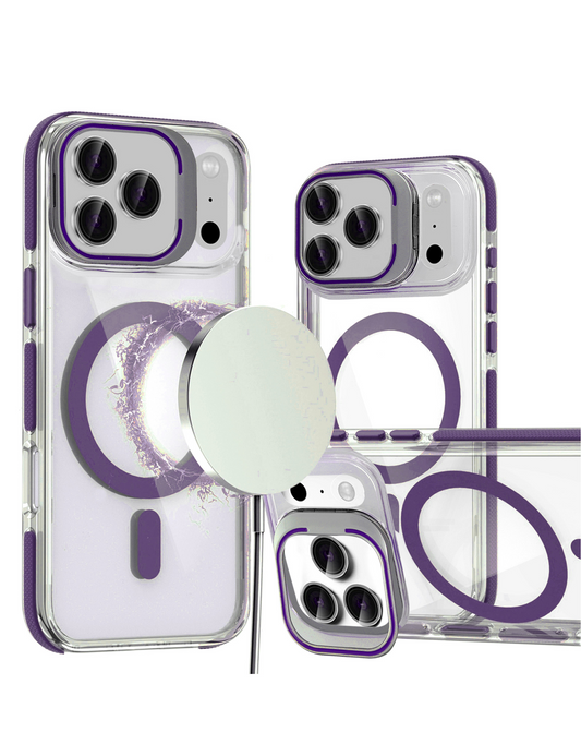 Thin Magnetic Clear Case with Camera Stand Kickstand (Purple) for iPhone 17 Pro Max / 18 Pro Max