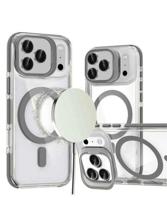 Thin Magnetic Clear Case with Camera Stand Kickstand (GRAY) for iPhone 17 Pro Max / 18 Pro Max