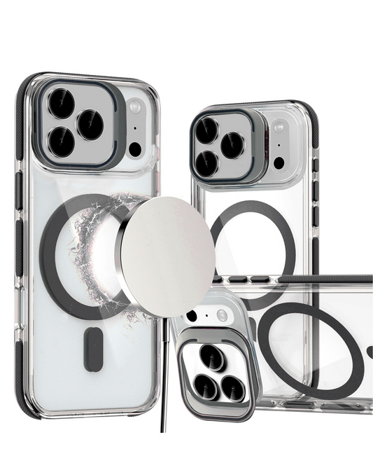 Thin Magnetic Clear Case with Camera Stand Kickstand (BLACK) for iPhone 17 Pro Max / 18 Pro Max