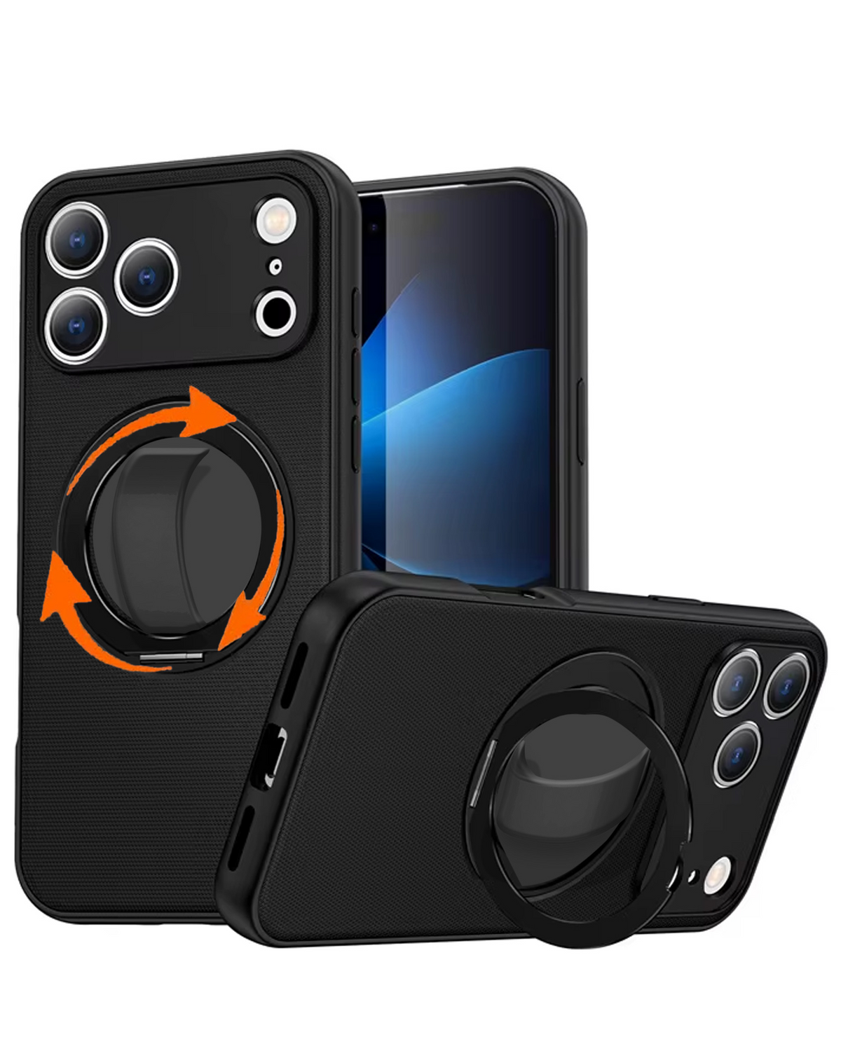 Textured Shockproof Case with 360 Rotating Ring Stand for iPhone 17 Pro Max / 18 Pro Max (BLACK)