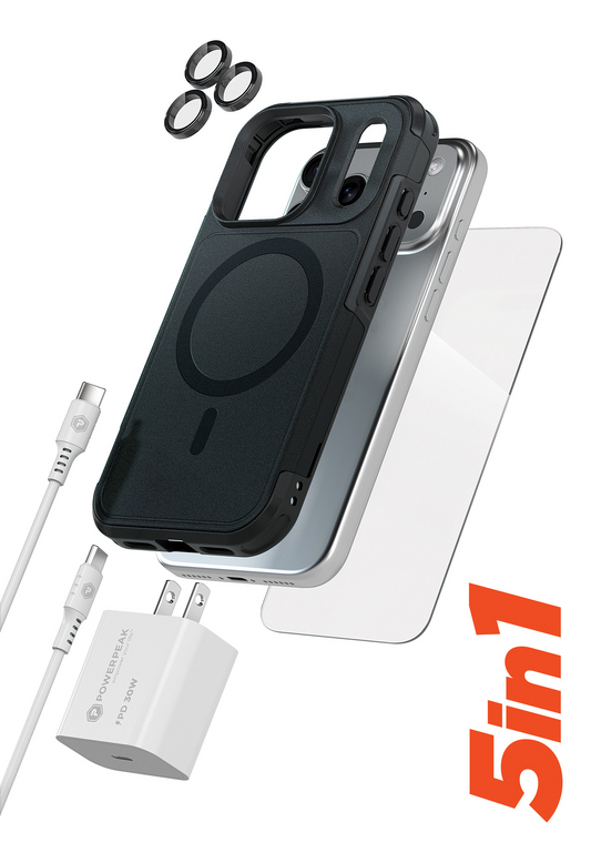 xBase by PowerPeak ProTech 5-in-1 Protection & Power Kit (Black) for iPhone 17 Pro Max / 18 Pro Max - Case + Tempered Glass + 30W USB-C Power Adapter + USB C-C Cable + Lens Protector