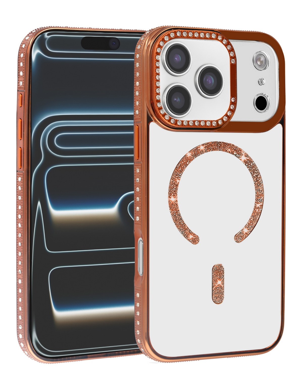 Rhinestone Magnetic Clear Protective Case for iPhone 17 Pro Max / 18 Pro Max (ORANGE)