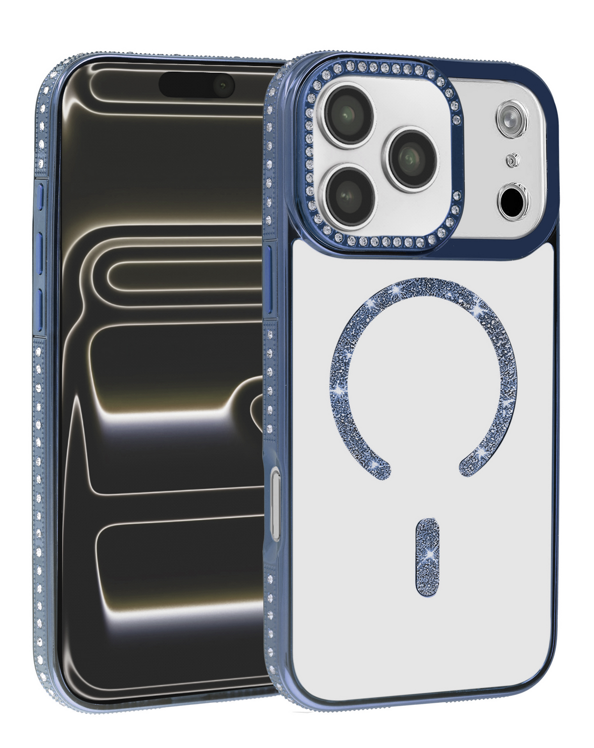 Rhinestone Magnetic Clear Protective Case for iPhone 17 Pro Max / 18 Pro Max (NAVY BLUE)