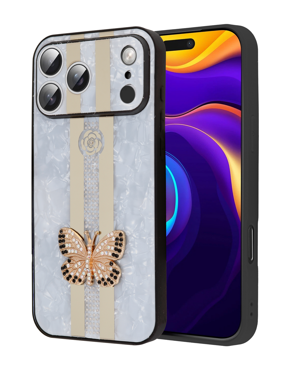 Luxury Printed Ring Holder Case for iPhone 17 Pro Max / 18 Pro Max (WHITE BUTTERFLY)