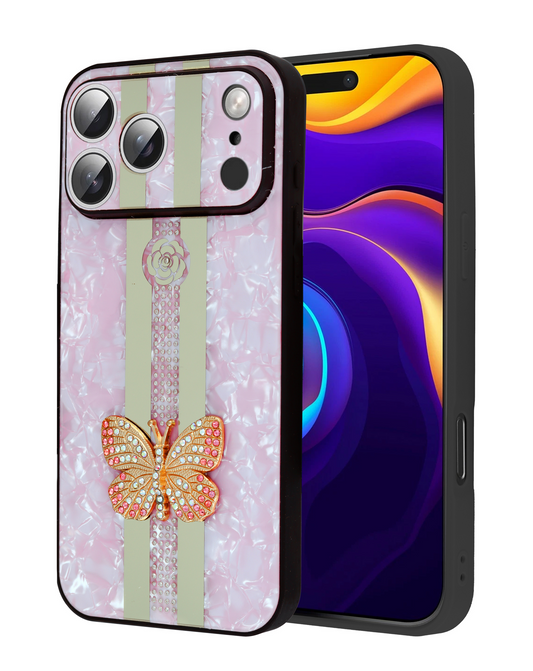 Luxury Printed Ring Holder Case for iPhone 17 Pro Max / 18 Pro Max (PINK GLITTER BUTTERFLY)