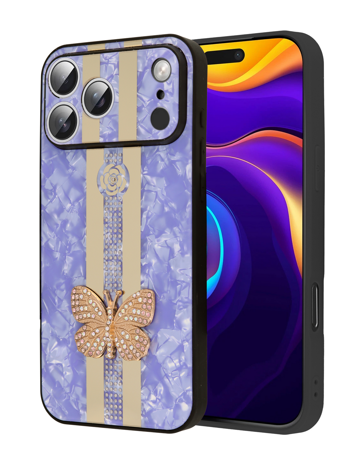 Luxury Printed Ring Holder Case for iPhone 17 Pro Max / 18 Pro Max (BLUE BUTTERFLY STRIPE)