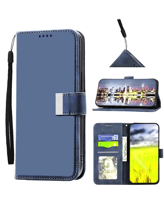 Elegant Leather Wallet Case with Wristlet Strap for iPhone 17 Pro Max / 18 Pro Max (BLUE)