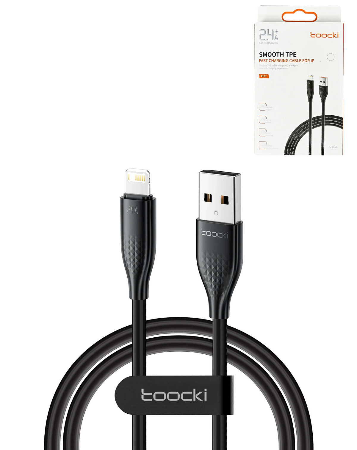 Toocki USB A-L Non-MFI Fast Charging Data Cable (BLACK) (6ft) (20W)