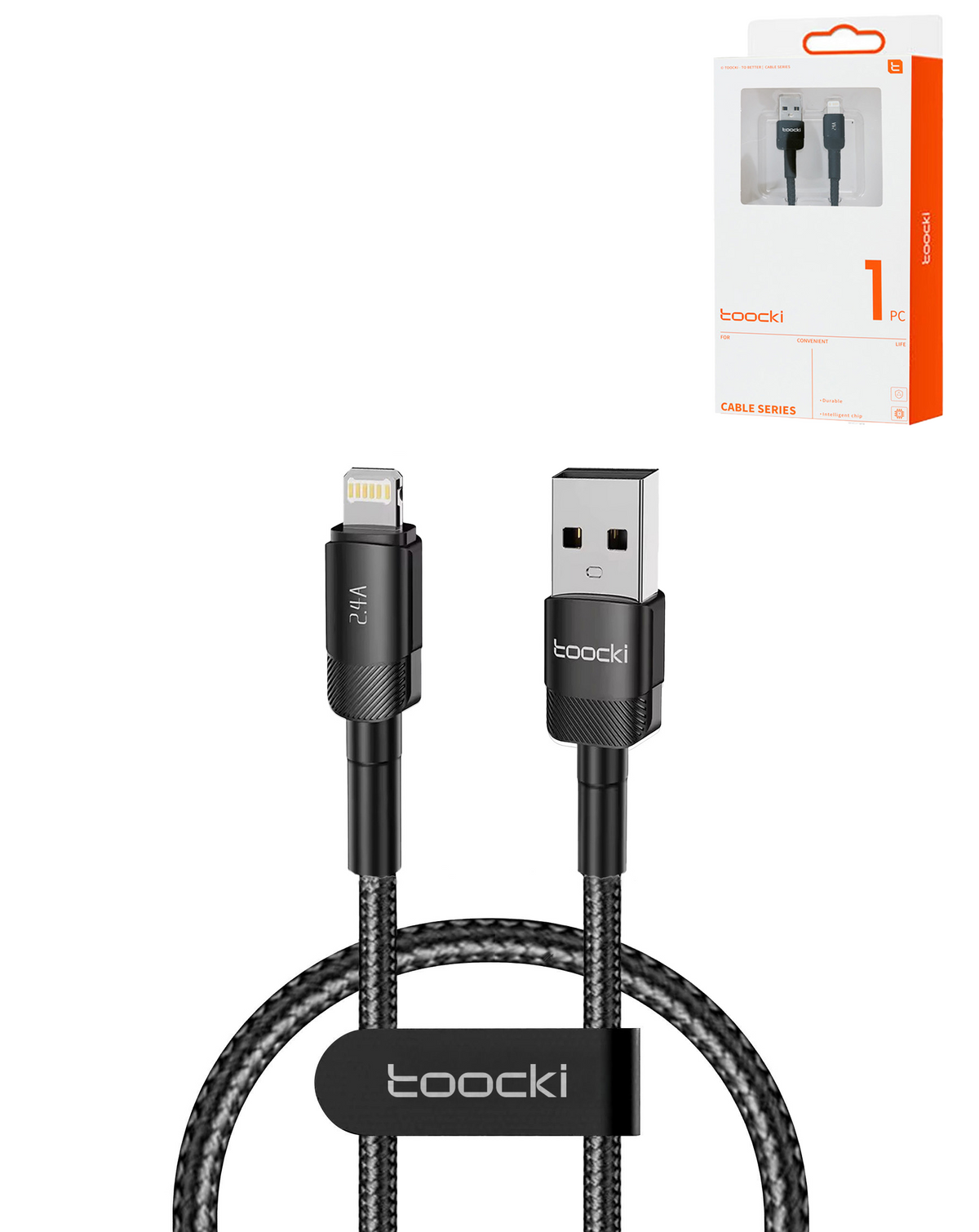 Toocki USB A-L Non-MFI Braided Fast Charging Data Cable (BLACK) (3ft) (12W)