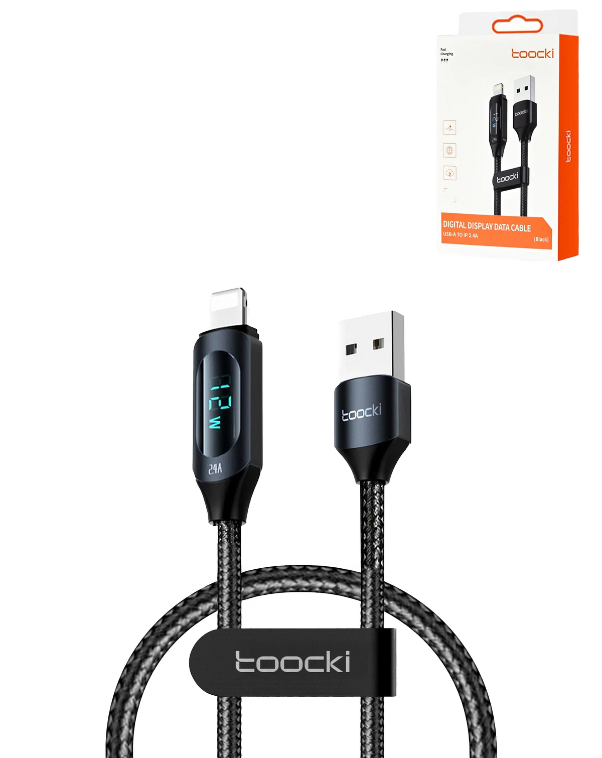 Toocki USB A-L Non-MFI Fast Charging Data Cable with Display (BLACK) (12W) (3ft)