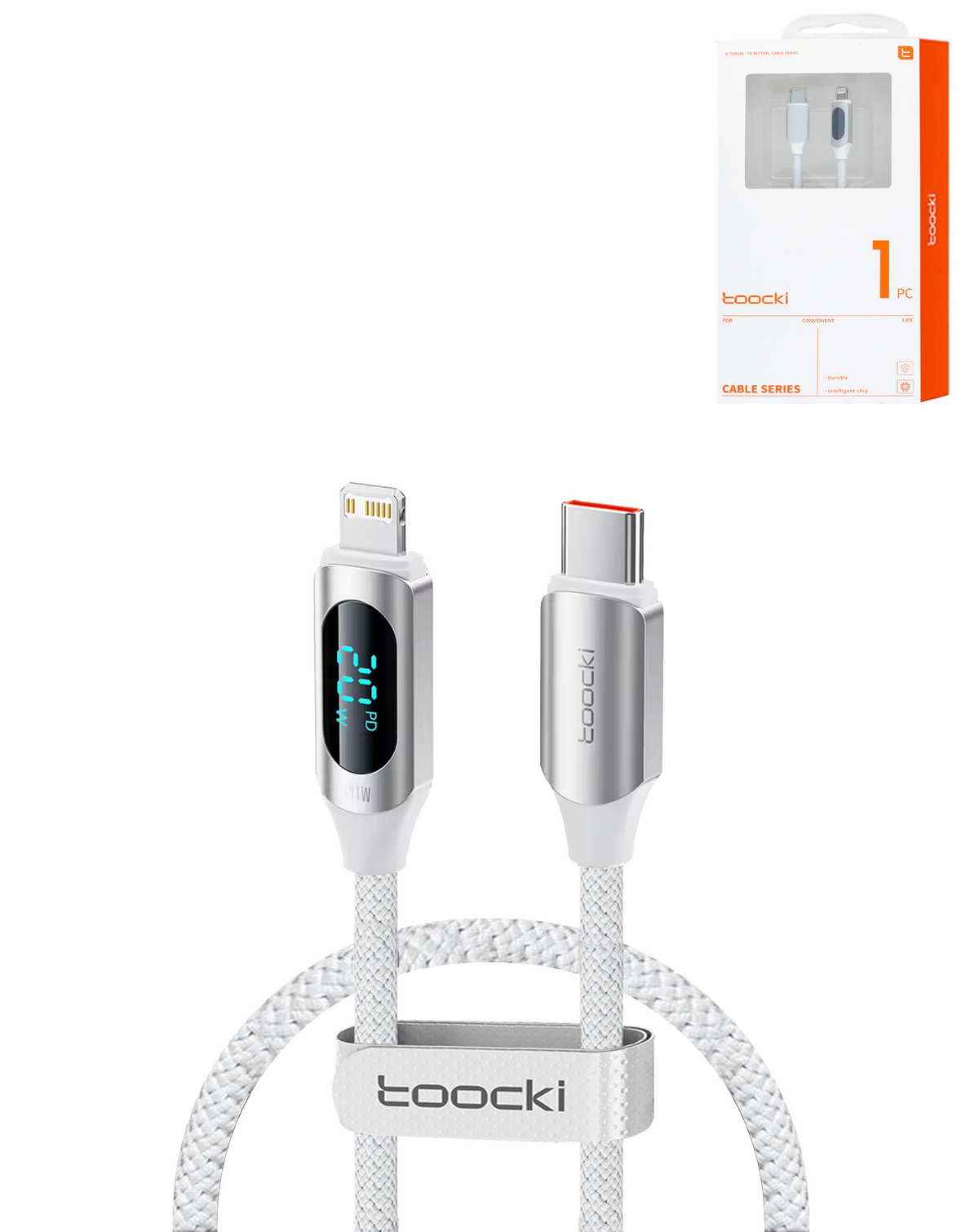 Toocki USB C-L Non-MFI Fast Charging Data Cable with Display (WHITE) (20W) (3ft)