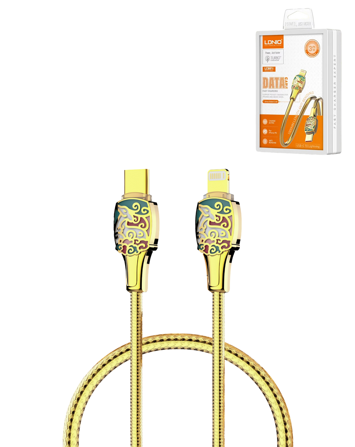 LDNIO LC881i PD-3.1 USB C-L Non-MFI Fast Charging Cable (GOLD) (3ft) (30W)