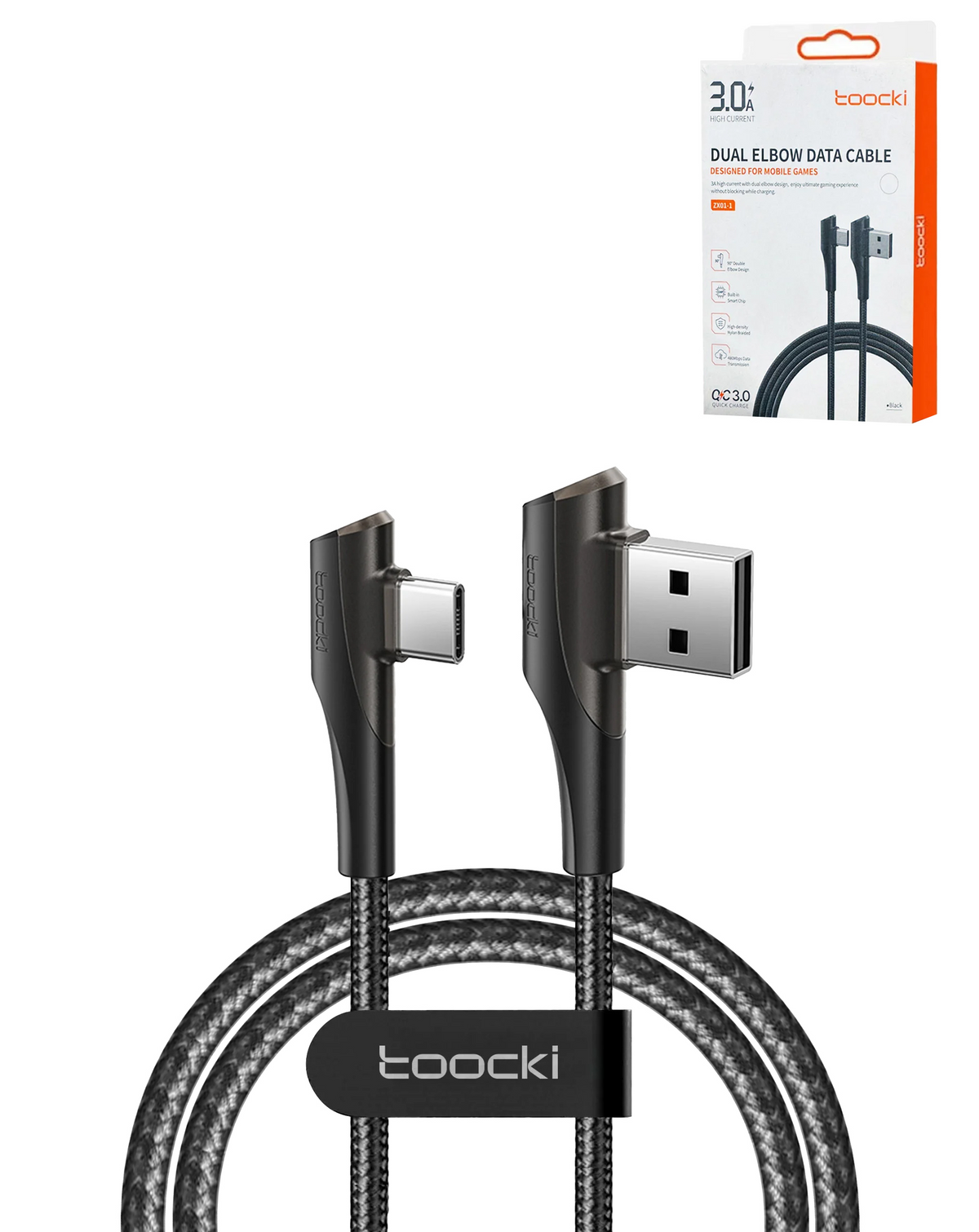 Toocki USB A-C Double Elbow Fast Charging Data Cable (Black) (6.5ft)