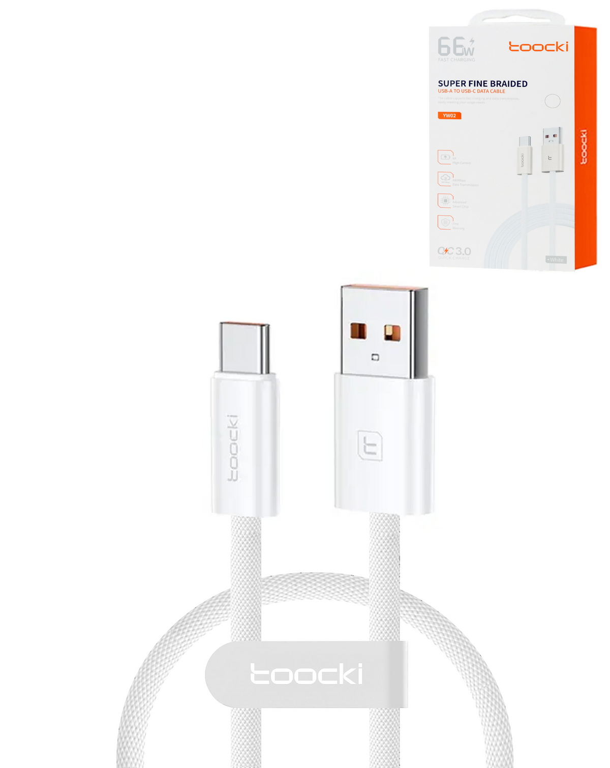 Toocki Braided USB A-C Fast Charging Data Cable (WHITE) (3ft) (66W)