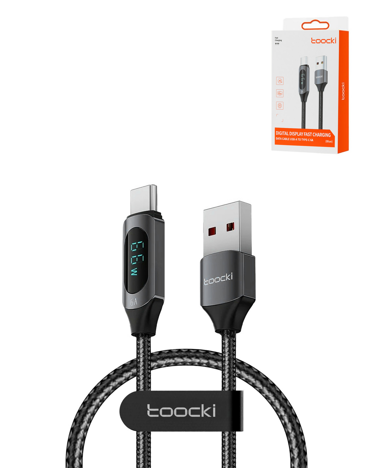 Toocki USB A-C Fast Charging Data Cable with Display (BLACK) (66W) (3ft)