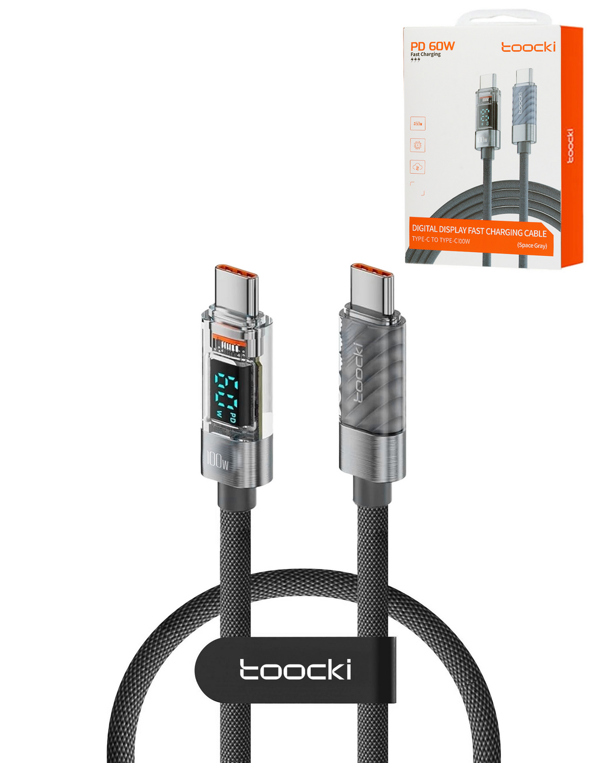 Toocki USB C-C Super Fast Charging Data Cable with Display (GRAY) (100W) (3ft)