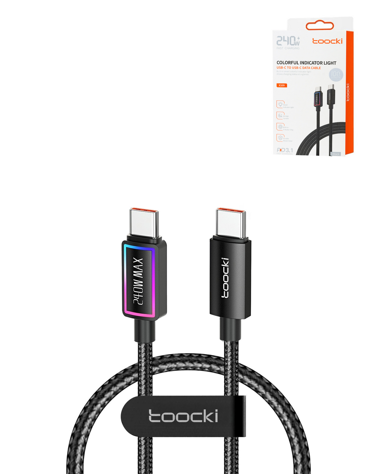 Toocki USB C-C Super Fast Charging Data Cable with Colorful Indicator Light (240W) (3ft)
