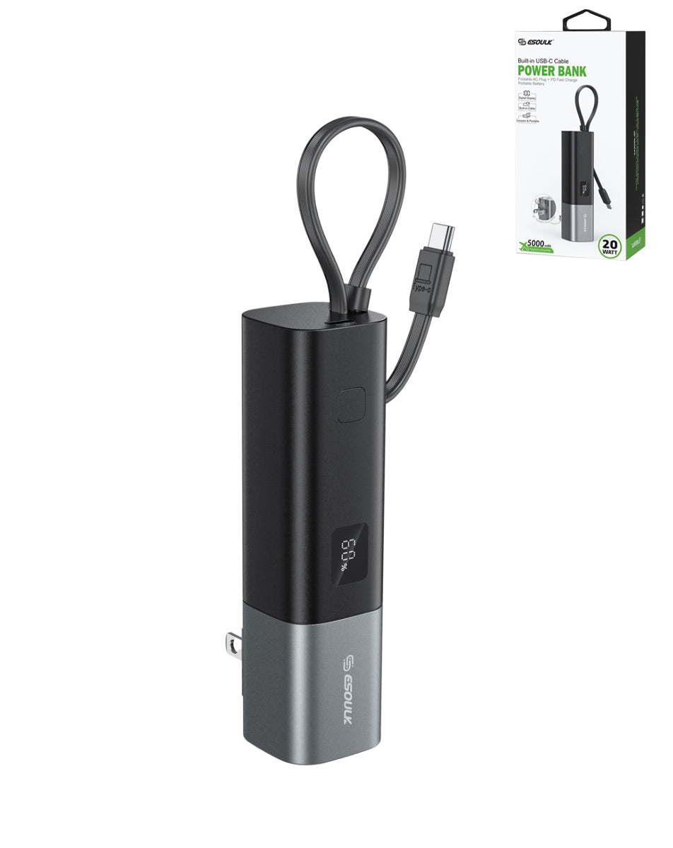 Esoulk 3-in-1 Portable Charger - 5,000 mAh Power Bank with Built-in USB-C Cable and Foldable AC Plug