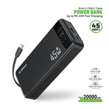 Esoulk 20000mAh Power Bank with Built-in USB-C Cable - 45W PD Fast Charging