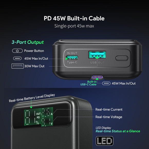 Esoulk 20000mAh Power Bank with Built-in USB-C Cable - 45W PD Fast Charging