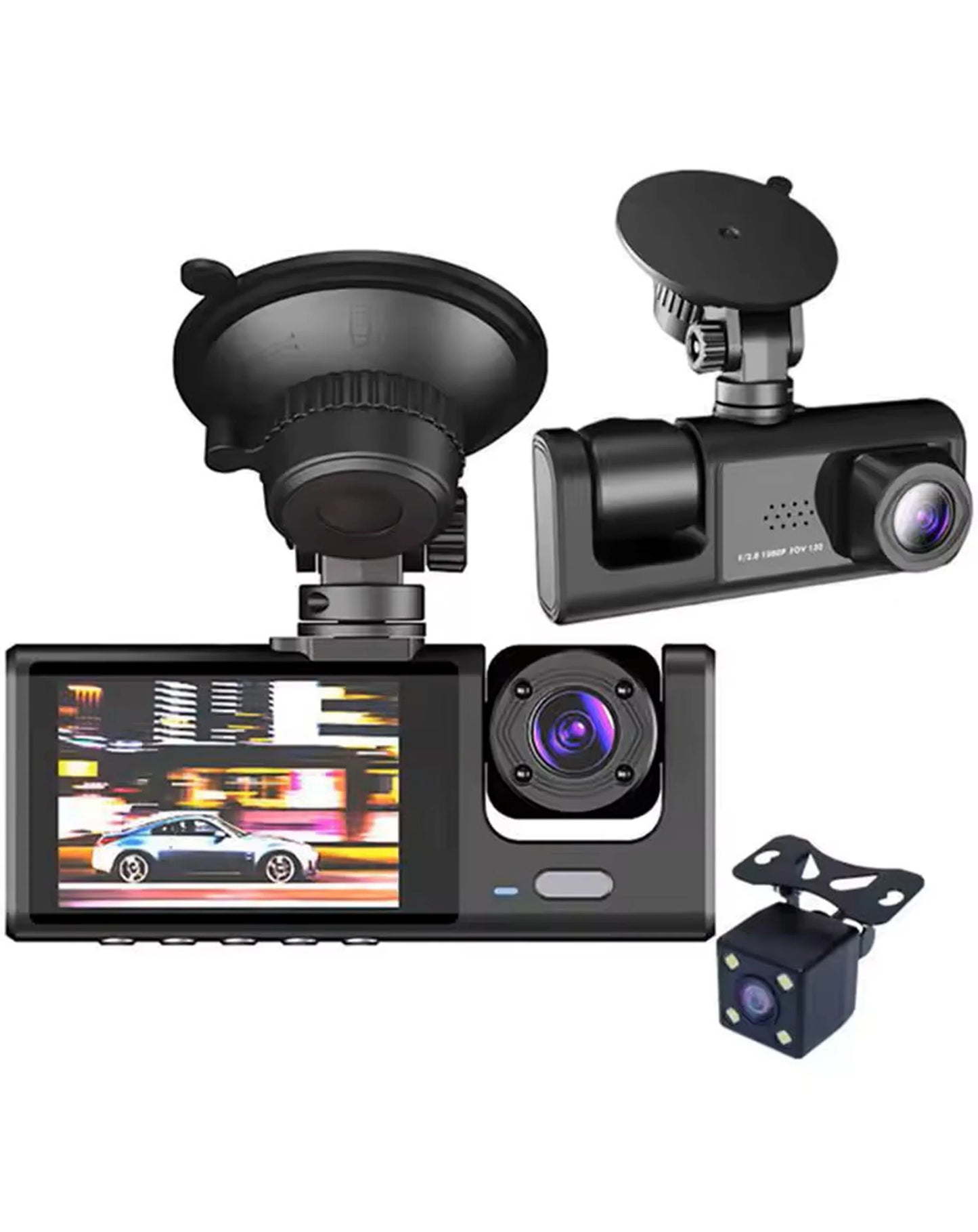 Wide Angle Full HD Dash Cam with (180 mAh) Battery (1280*720P / 30FPS) (Front / In-Cabin / Tail Camera)