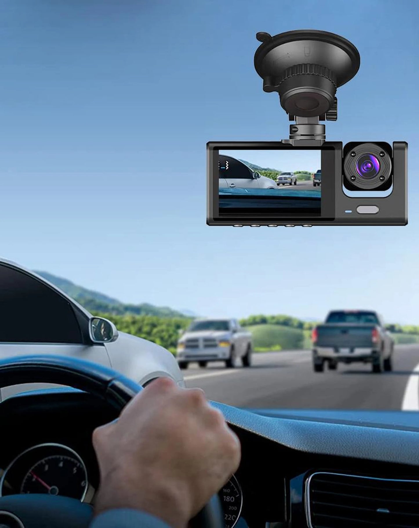 Wide Angle Full HD Dash Cam with (180 mAh) Battery (1280*720P / 30FPS) (Front / In-Cabin / Tail Camera)