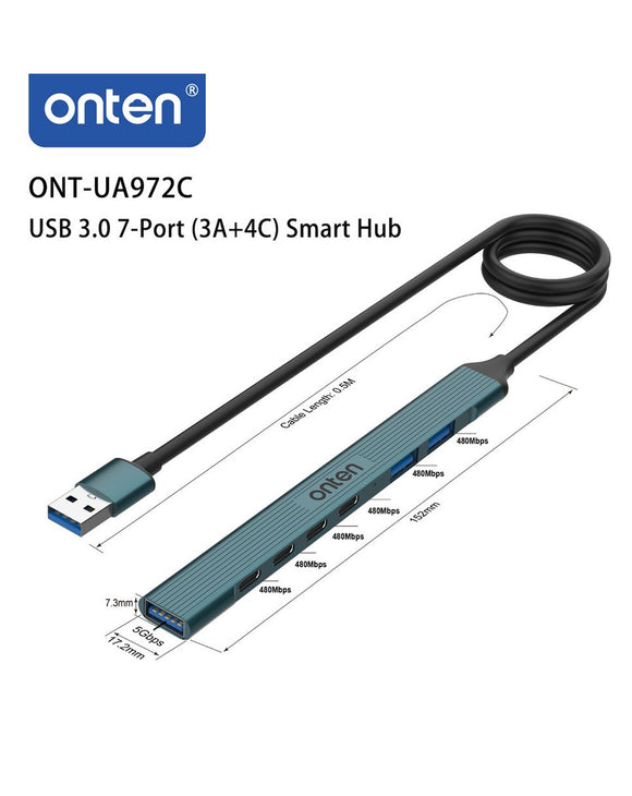 ONTEN USB 3.0 7-Port (3A+4C) Smart Hub - Model ONT-UA972C