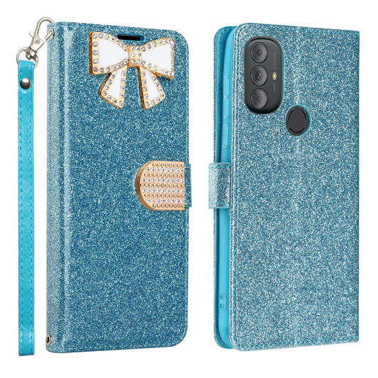 Moto G Play 2023/G Power 2022/G Pure Dual Layered Multi-Card Slot Diamond Wallet Case Blue